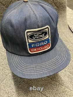VINTAGE K-Products FORD NEW HOLLAND Tractor Patch Denim Snapback Trucker Hat USA