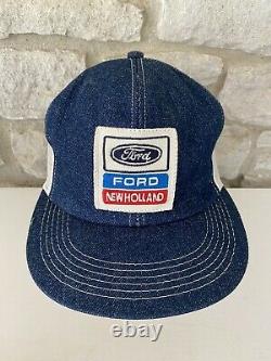 Vintage DENIM FORD new holland farmer trucker Hat snapback Rare K-Products USA