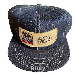Vintage K-Products Ford New Holland Dark Blue Snapback Patch Denim Trucker Hat
