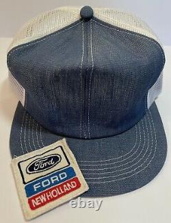Vintage K Products Ford New Holland USA Denim Snapback Patch Mesh Trucker Hat